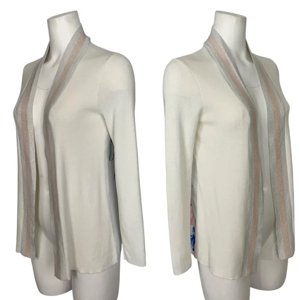 Ted Baker Cream Floral-Back Cardigan with Pastel Stripe Trim, Size 1